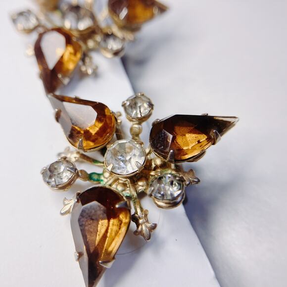 Vintage Amber Rhinestone Clip-On Earrings, Mid Century, Prong Set Teardrop Glass - Picture 8 of 10